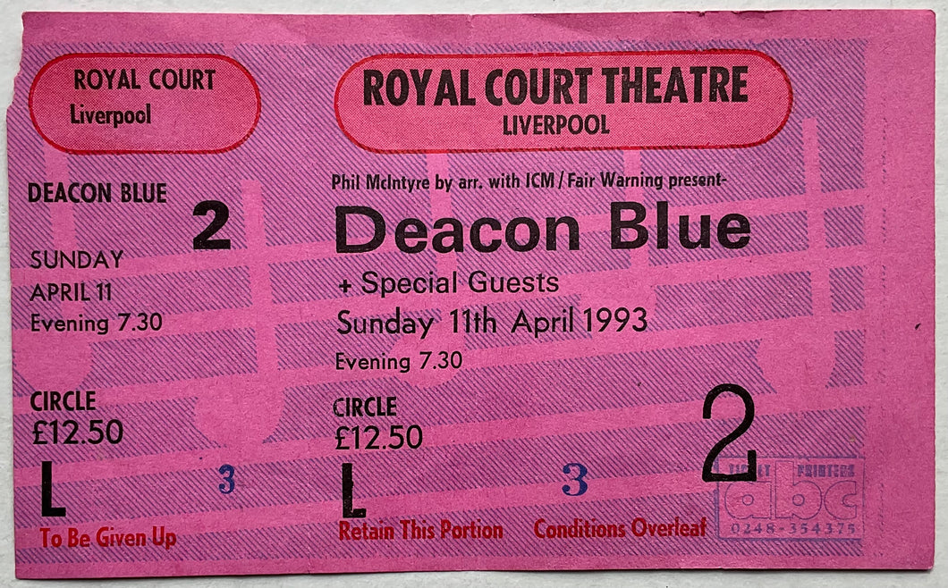 Deacon Blue Original Unused Concert Ticket Royal Court Theatre Liverpool 11th Apr 1993