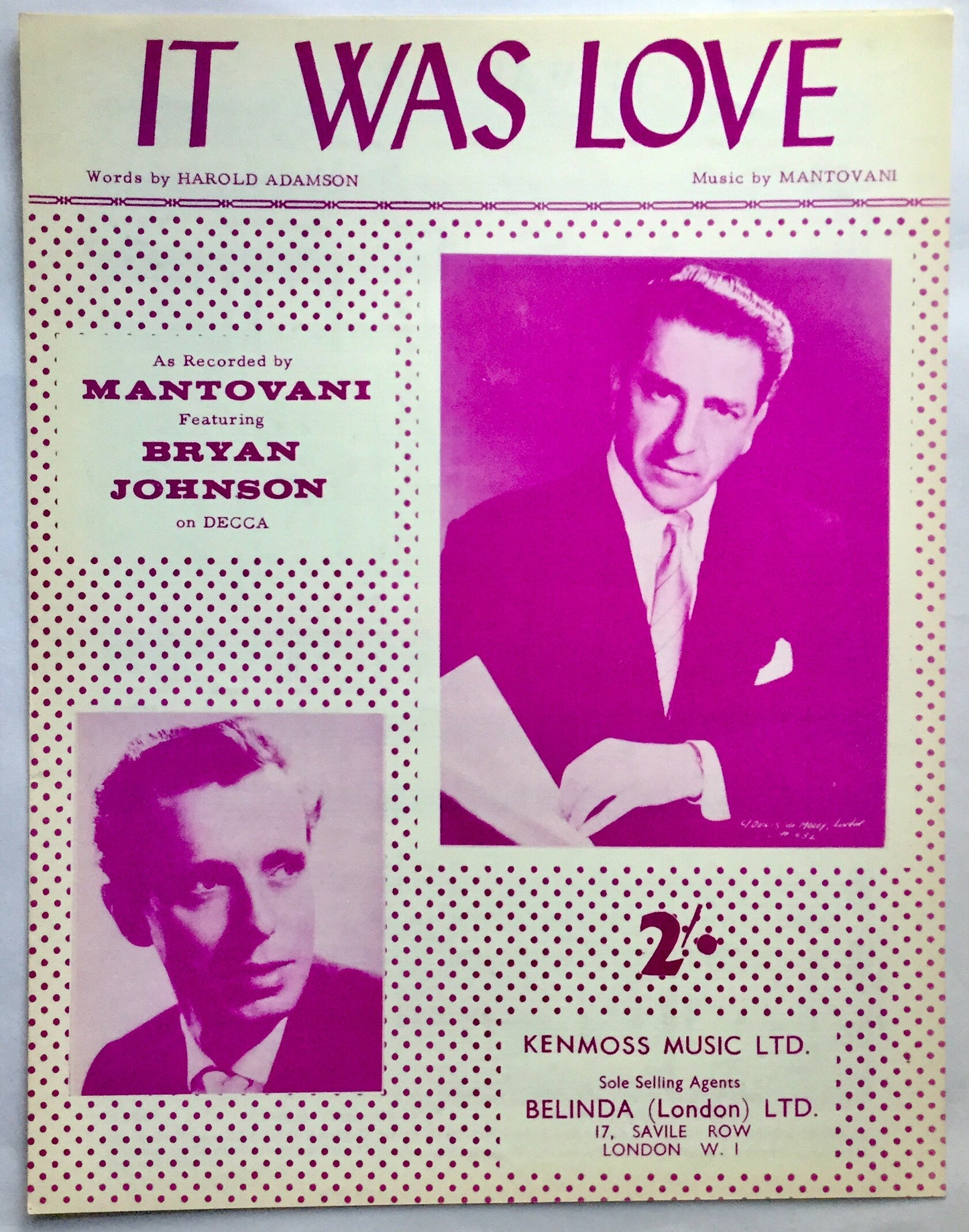 Mantovani Bryan Johnson It Was Love Original Mint NOS Sheet Music 1959