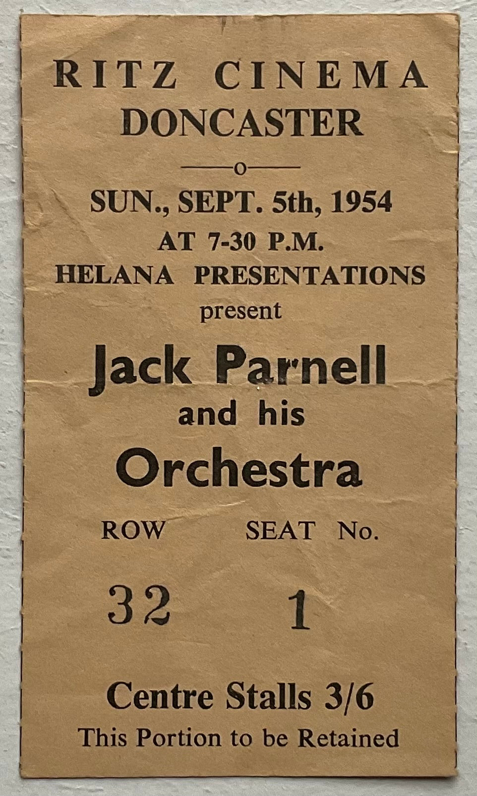 Jack Parnell Original Used Concert Ticket Ritz Doncaster 5th Sep 1954