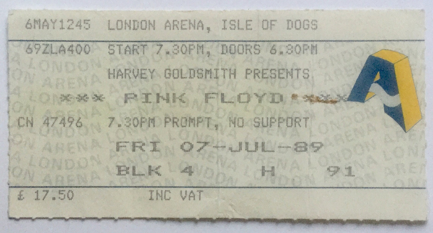 Pink Floyd Original Used Concert Ticket London Arena 7th July 1989