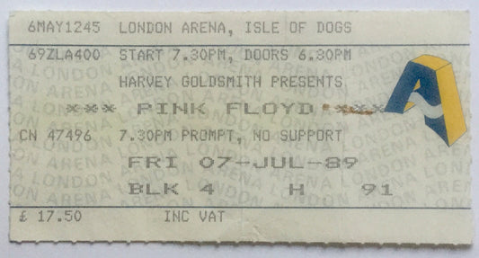 Pink Floyd Original Used Concert Ticket London Arena 7th July 1989