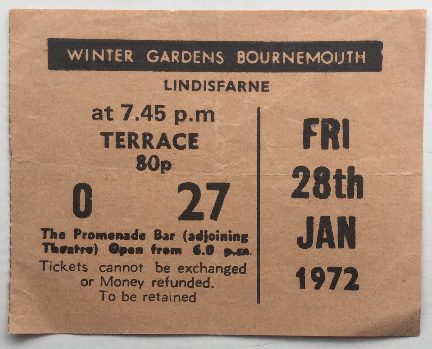 Lindisfarne Original Used Concert Ticket Winter Gardens Bournemouth 28th Jan 1972