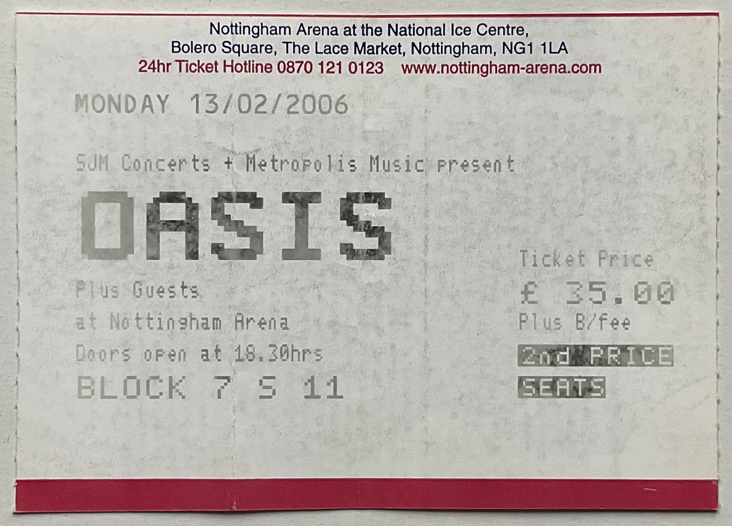 Oasis Original Used Concert Ticket Nottingham Arena 13th February 2006