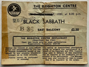 Black Sabbath Original Used Concert Ticket Brighton Centre 26th Jun 1980