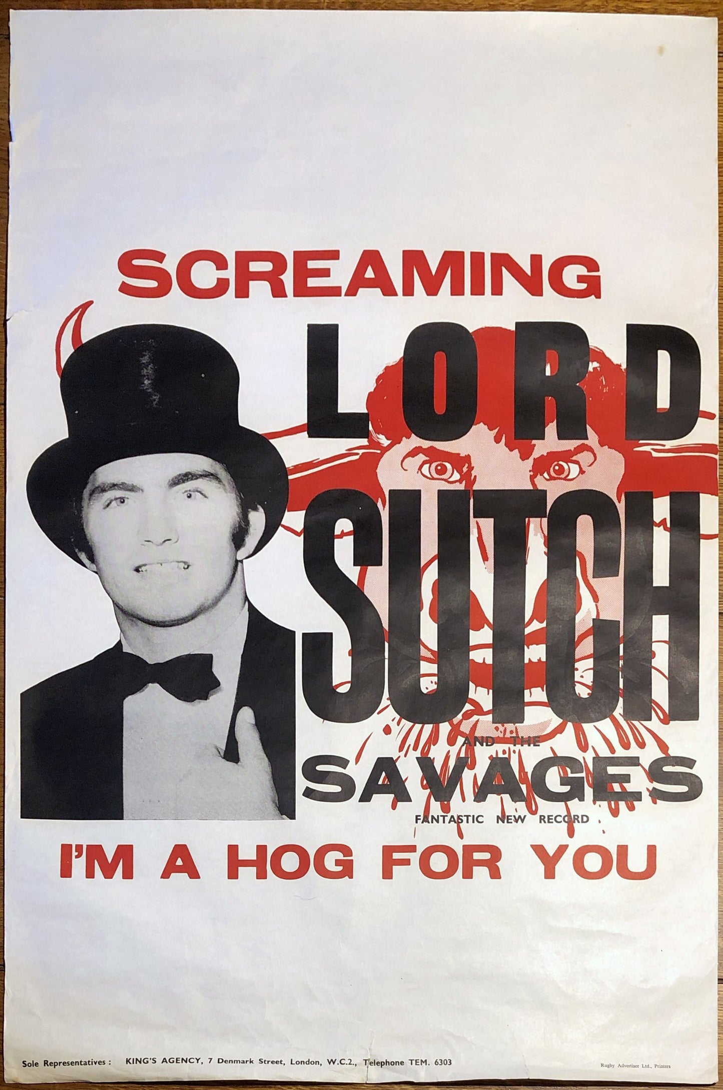 Screaming Lord Sutch I’m A Hog For You Original Promo Poster 1963