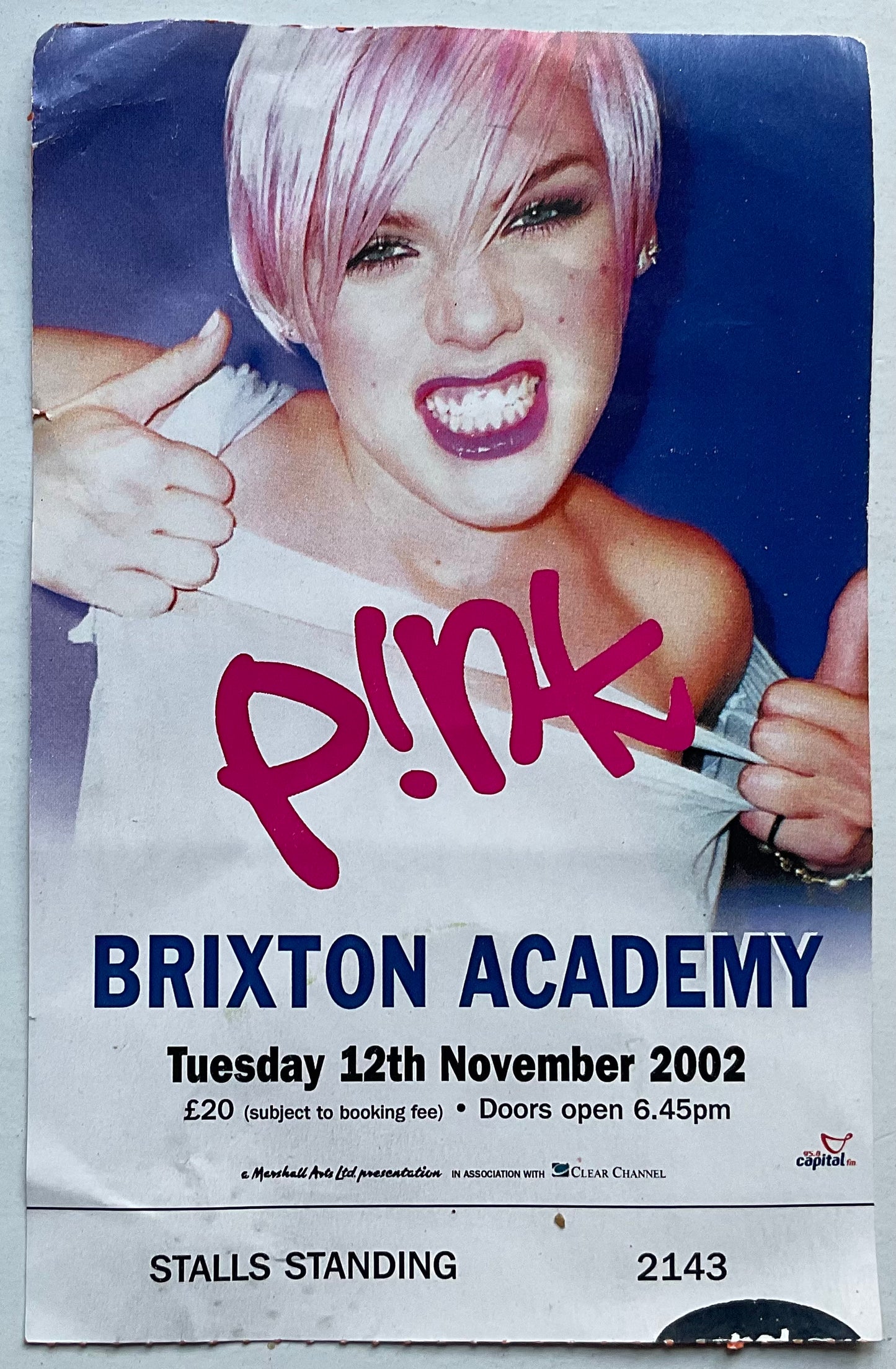 P!nk Pink Original Used Concert Ticket Brixton Academy London 12th Nov 2002