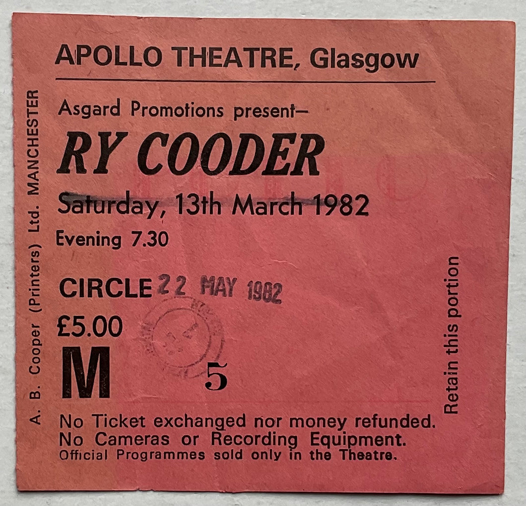 Ry Cooder Original Used Concert Ticket Apollo Theatre Glasgow 22nd May 1982
