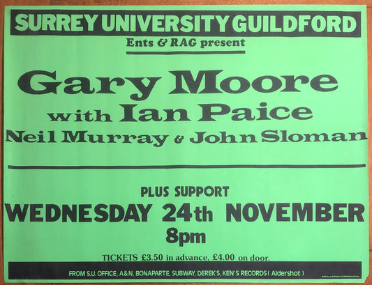 Gary Moore Ian Paice Original Promo Concert Tour Gig Poster Surrey University Guildford 24th Nov 1982