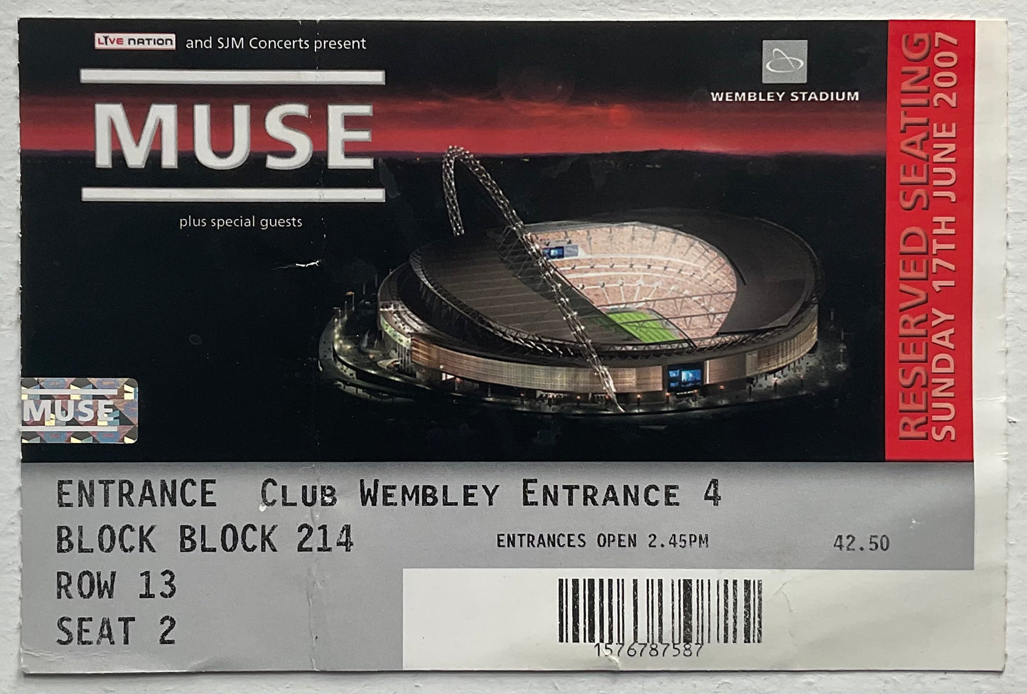 Muse Original Used Concert Ticket Wembley Stadium, London 17th June 2007