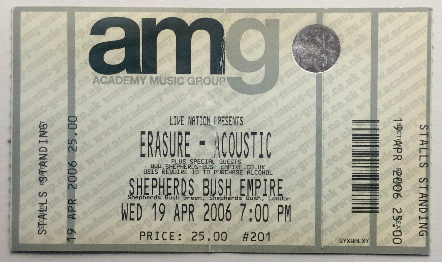 Erasure Original Complete Concert Ticket Shepherds Bush Empire London 19th Apr 2006