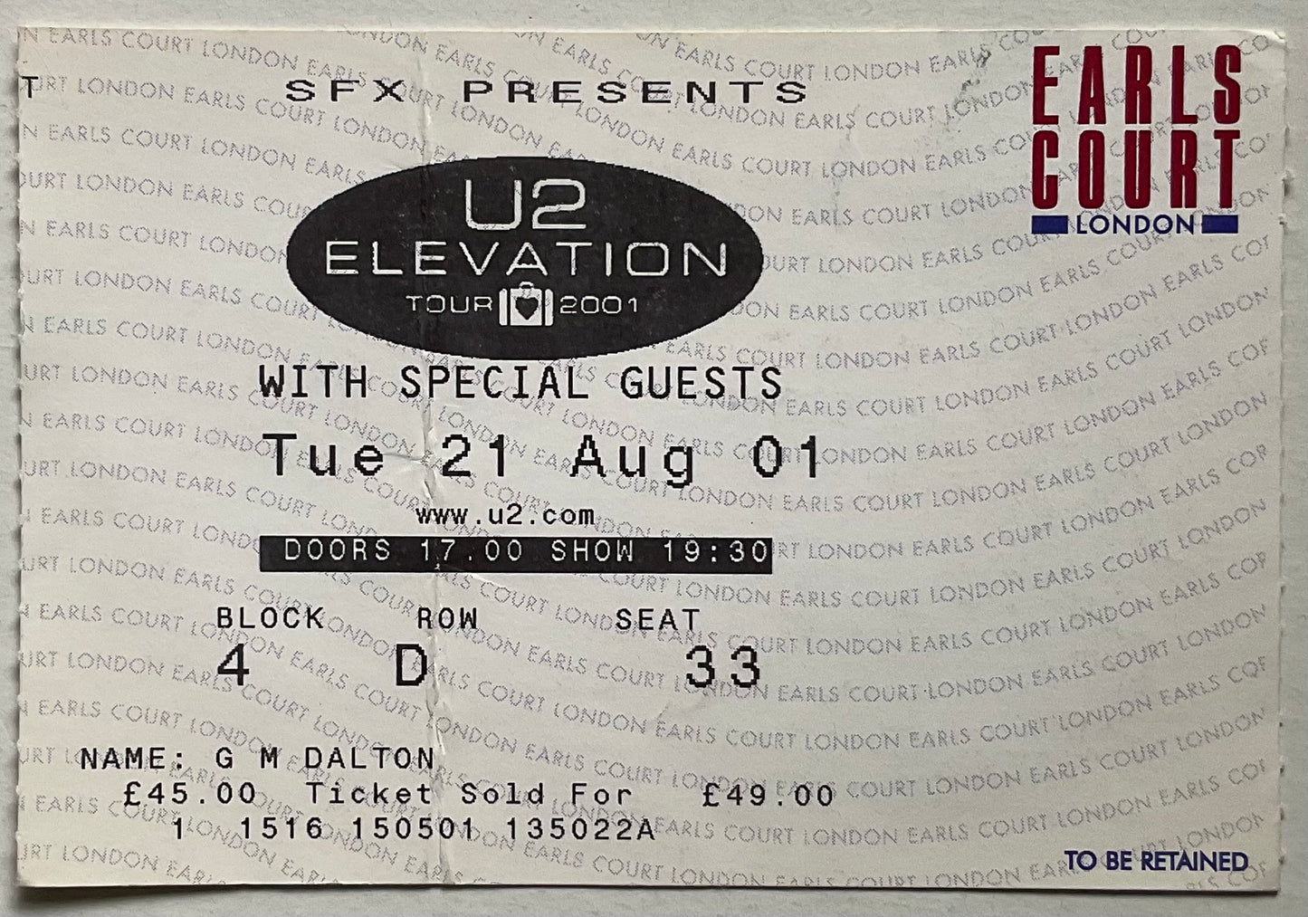 U2 Original Used Concert Ticket Earls Court London 21st Aug 2001