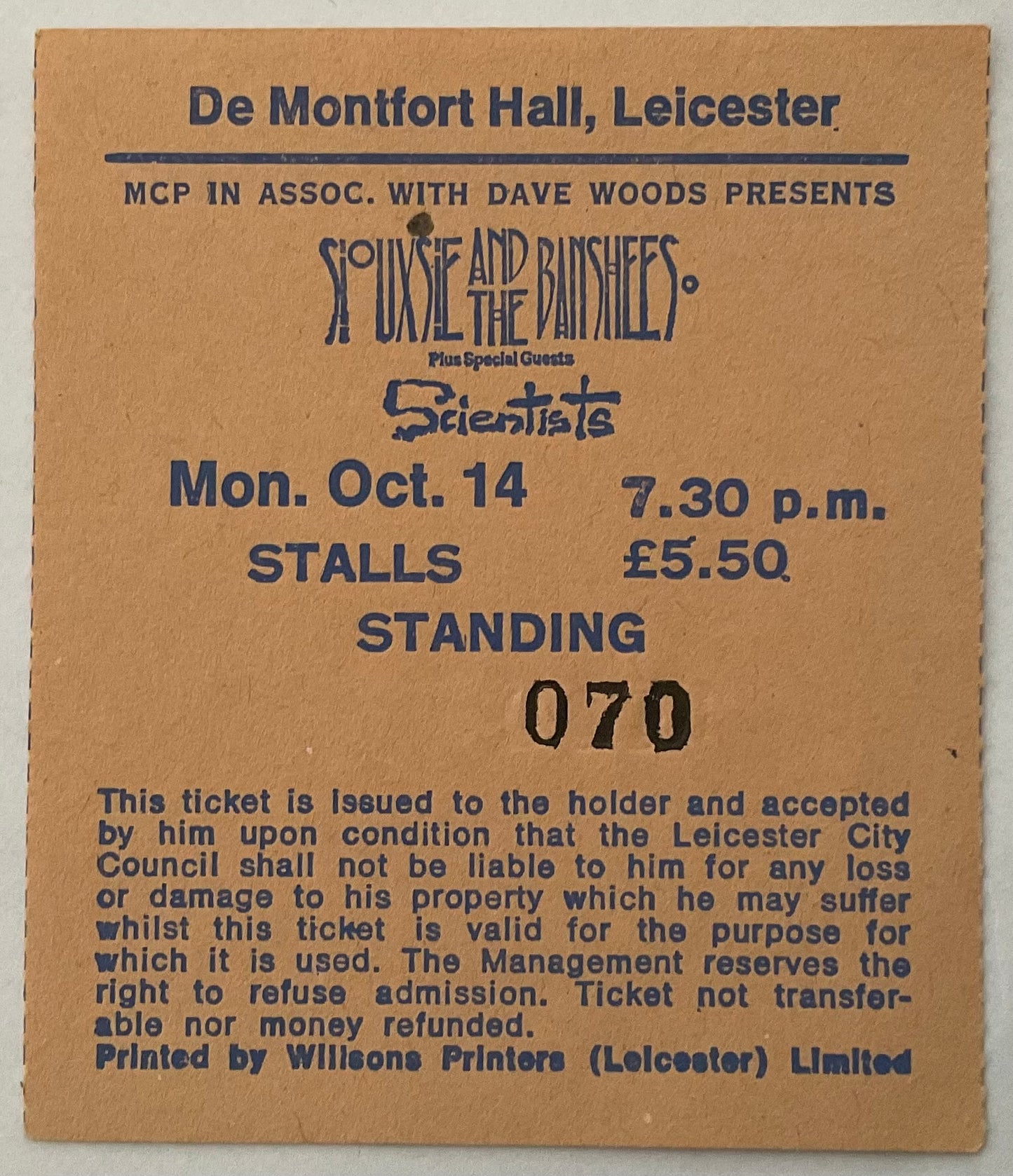 Siouxsie & the Banshees Original Used Concert Ticket De Montfort Hall Leicester 14th Oct 1985