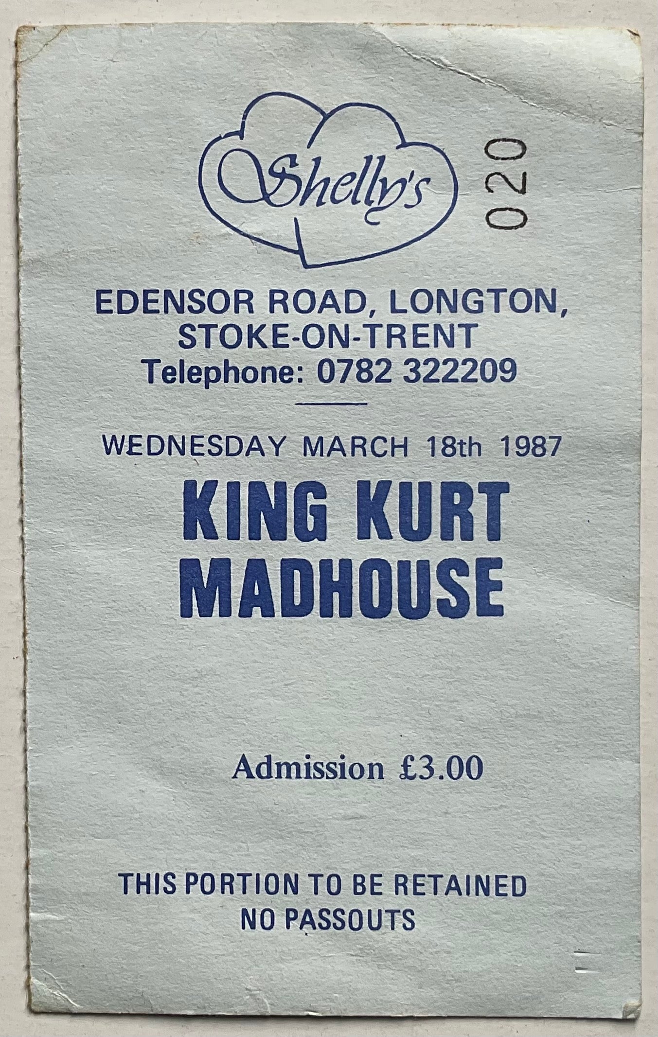 King Kurt Madhouse Original Used Concert Ticket Shelly’s Stoke on Trent 18th Mar 1987