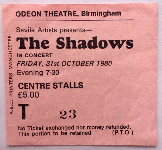 Shadows Used Concert Ticket Odeon Theatre Birmingham 31st October 1980