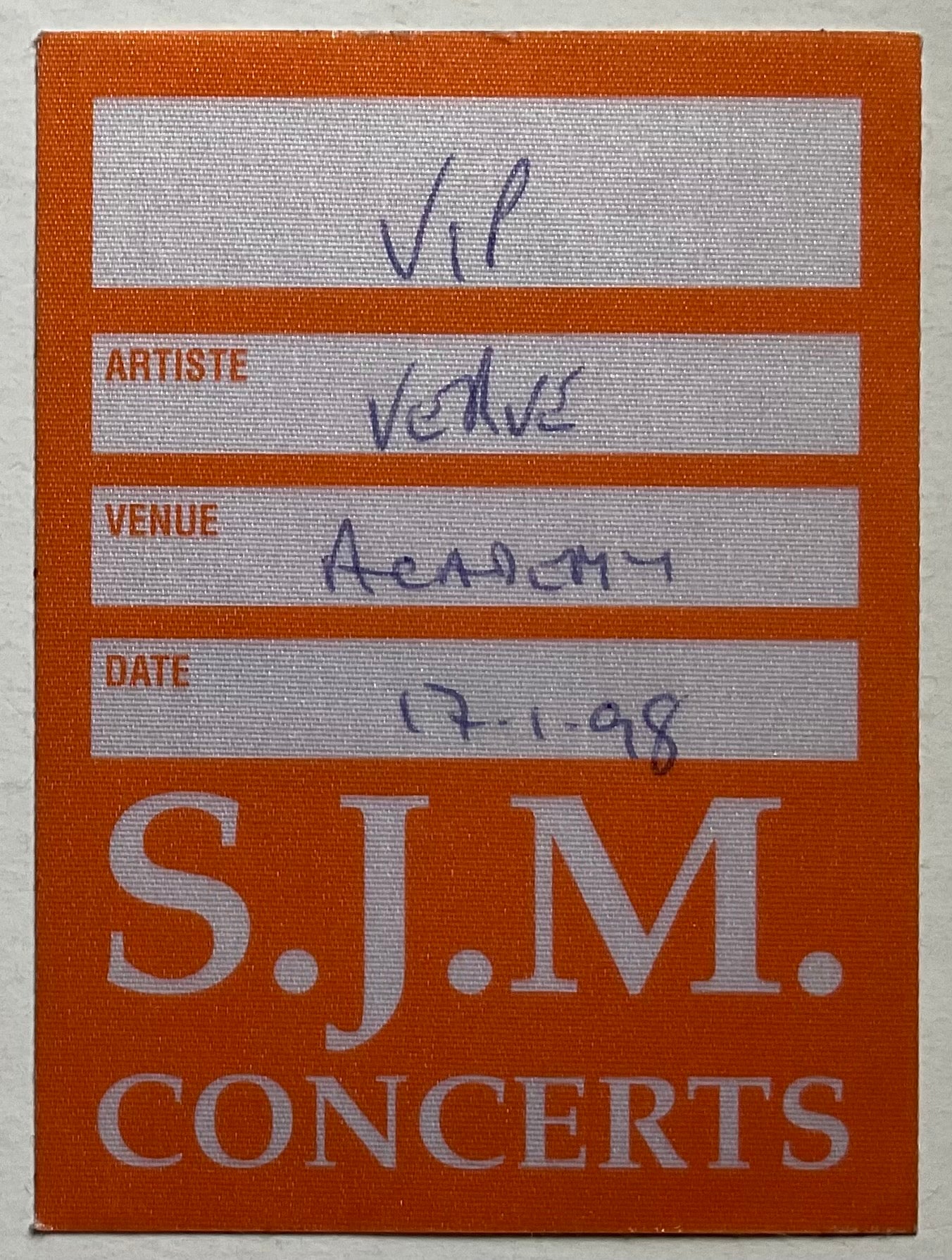 Verve Original Unused Concert Backstage Pass Ticket Brixton Academy London 17th Jan 1998