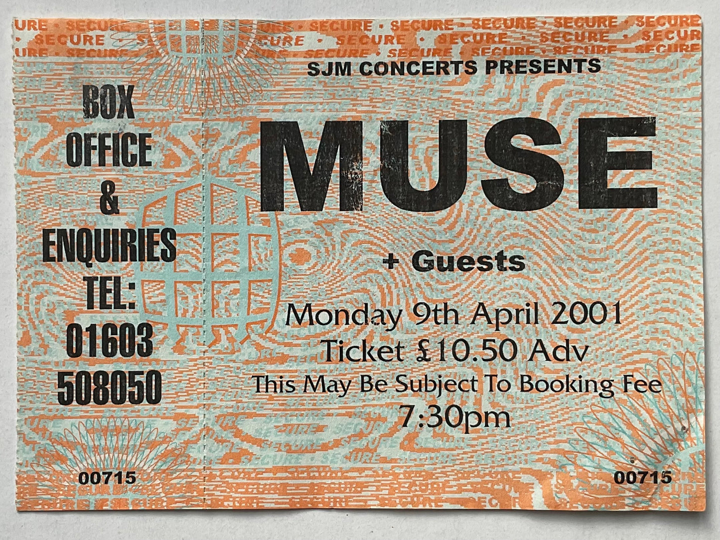 Muse Original Unused Concert Ticket UEA Norwich 9th Apr 2001