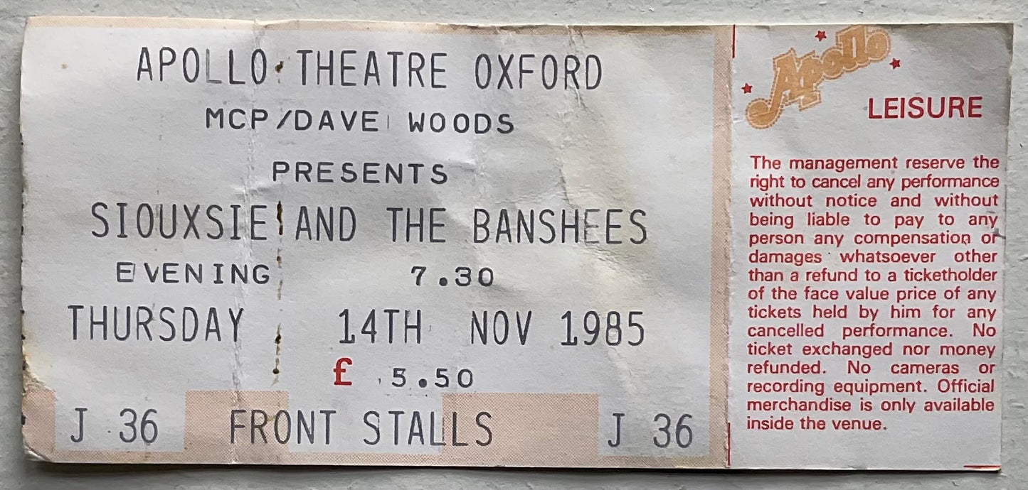 Siouxsie & the Banshees Original Used Concert Ticket Apollo Theatre Oxford 14th Nov 1985