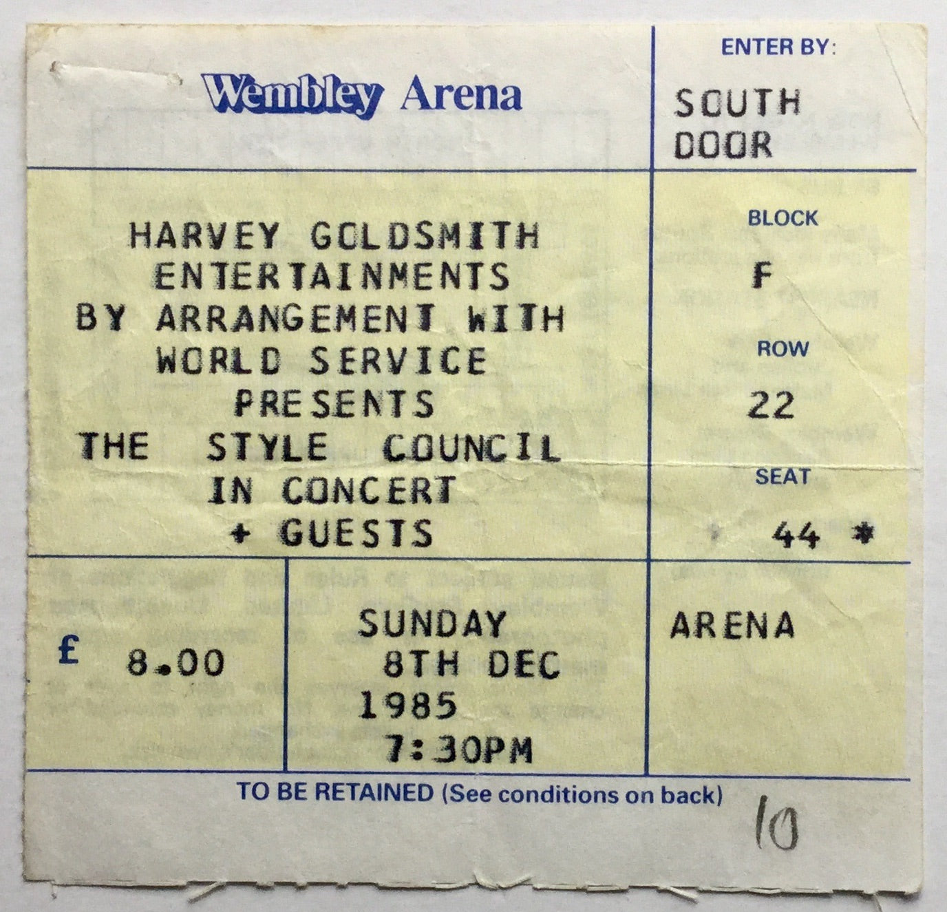 Style Council Original Concert Ticket Wembley Arena London 8th Dec 1985