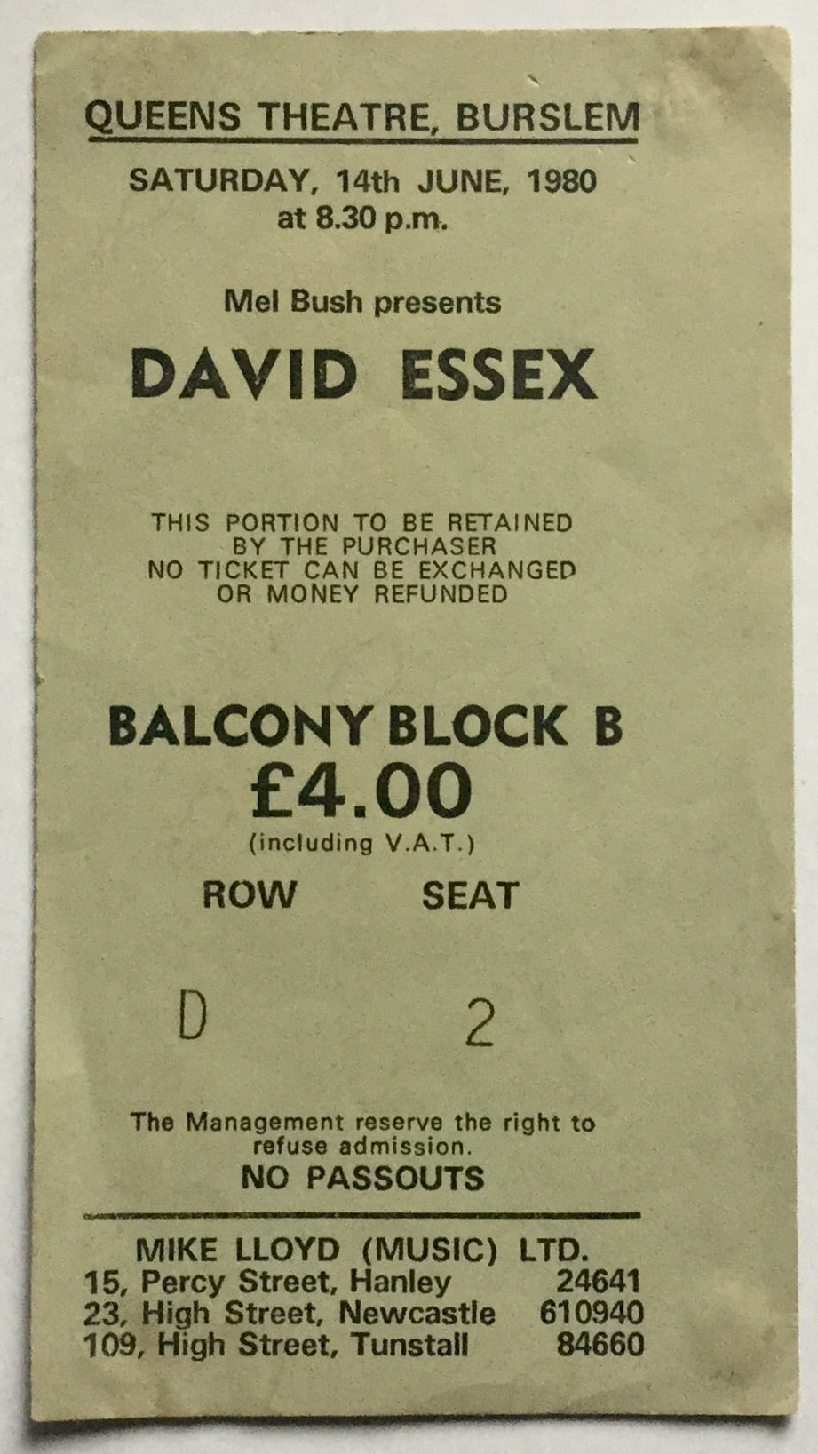 David Essex Original Used Concert Ticket Queens Theatre Burslem 11th Jun 1980