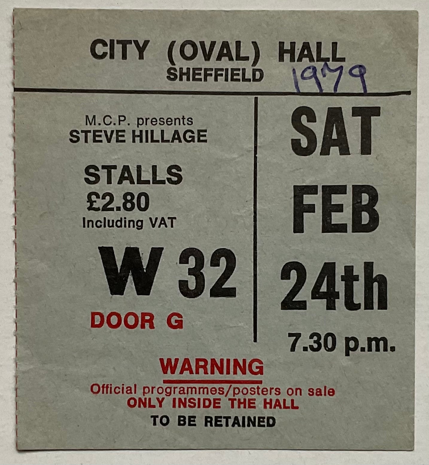 Steve Hillage Original Used Concert Ticket City Hall Sheffield 24th Feb 1979