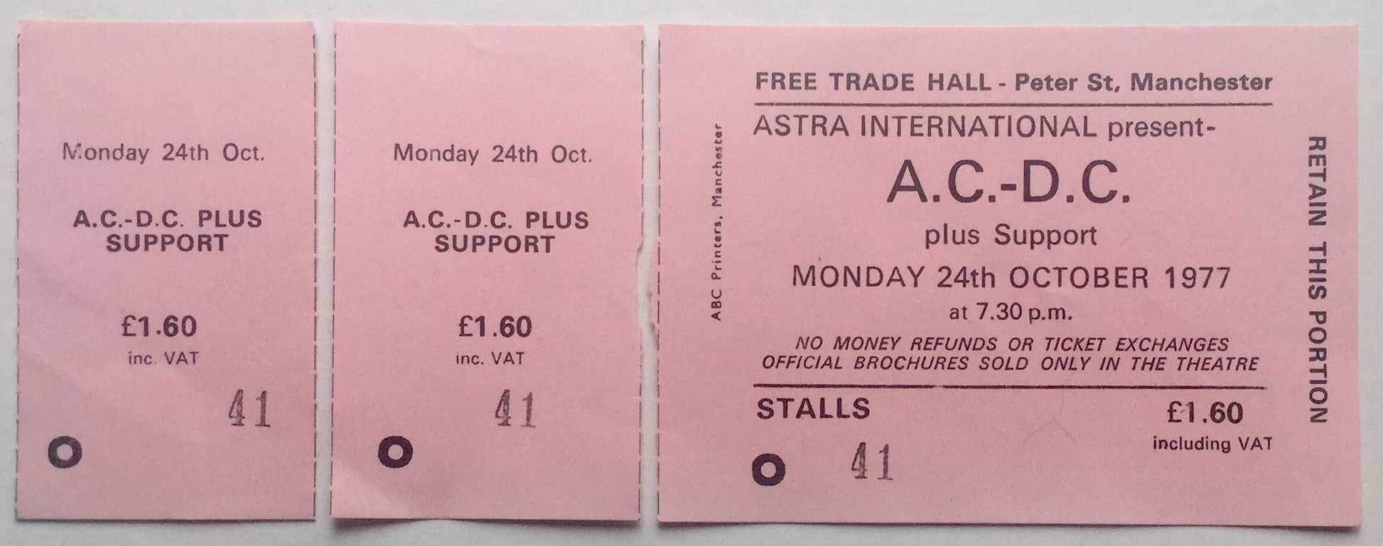 AC/DC Original Complete Concert Ticket Free Trade Hall Manchester 24th Oct 1977