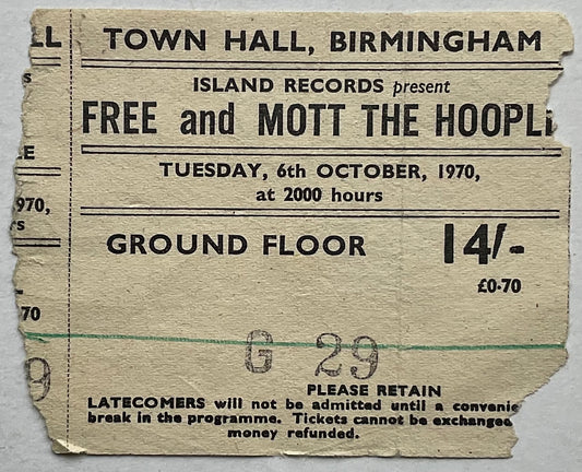 Mott the Hoople Free Original Used Concert Ticket Town Hall Birmingham 6th Oct 1970