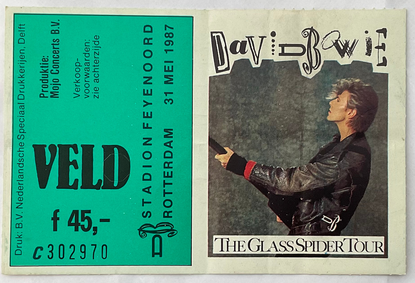 David Bowie Original Used Concert Ticket Stadion Feyenoord Rotterdam 31st May 1987