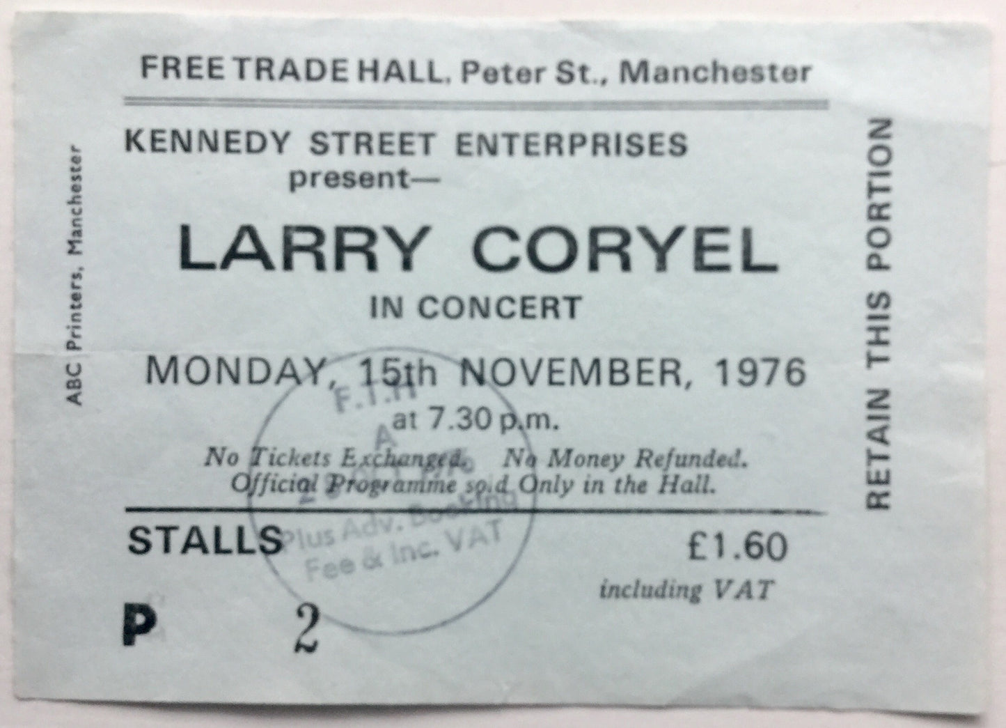 Larry Coryell Original Used Concert Ticket Free Trade Hall Manchester 15th Nov 1976