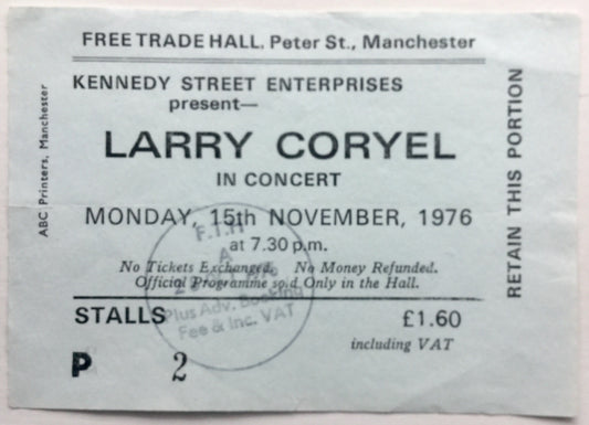 Larry Coryell Original Used Concert Ticket Free Trade Hall Manchester 15th Nov 1976