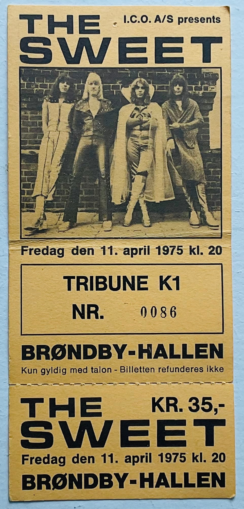 Sweet Original Unused Concert Ticket Brøndby Hallen Copenhagen 11th Apr 1975