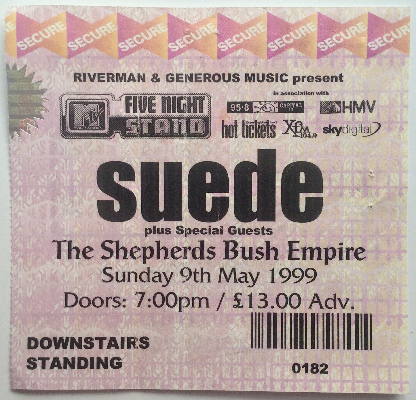 Suede Original Used Concert Ticket Shepherds Bush Empire London 9th May 1999