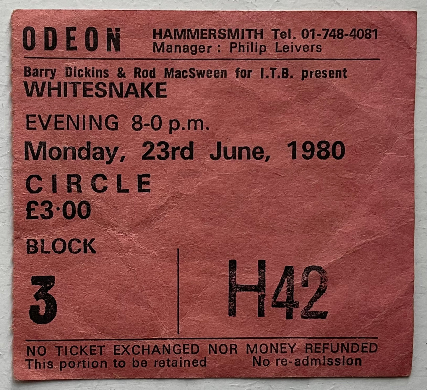 Whitesnake Original Used Concert Ticket Hammersmith Odeon London 23rd June 1980