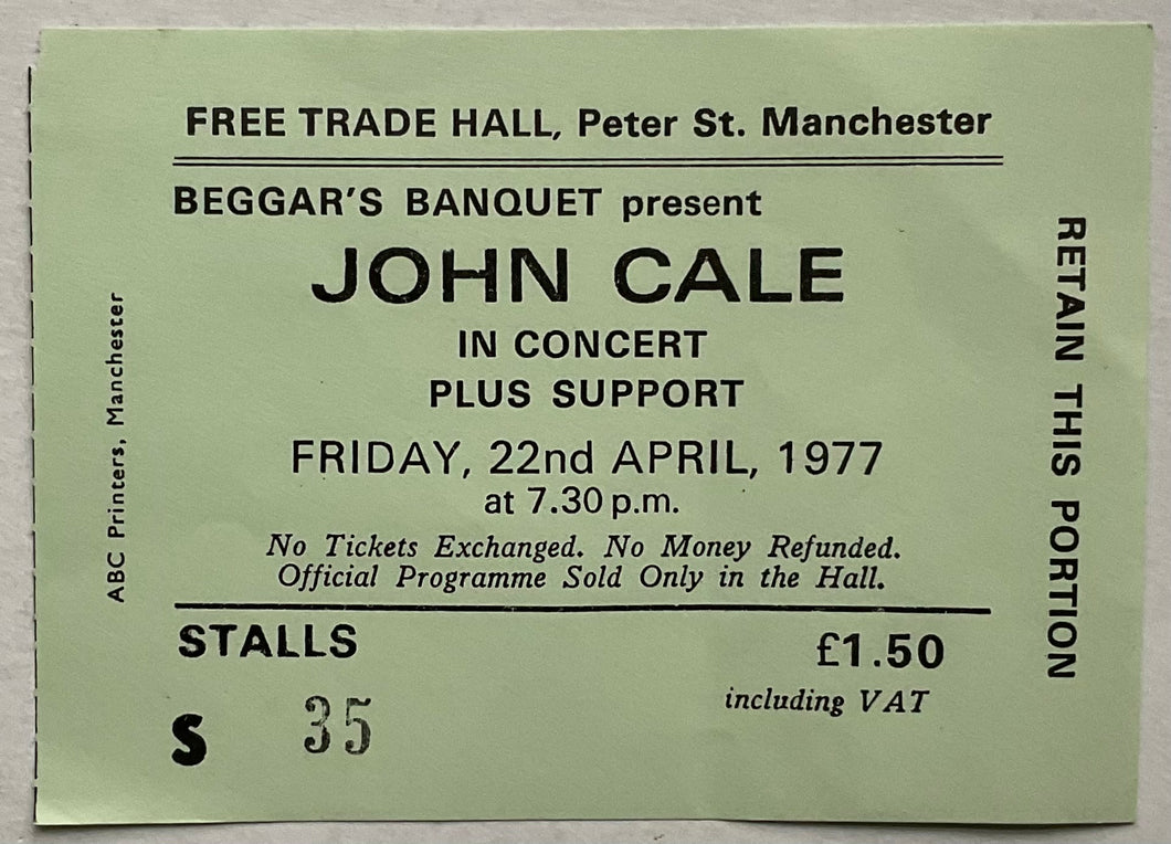 Velvet Underground John Cale Original Used Concert Ticket Free Trade Hall Manchester 22nd Apr 1977