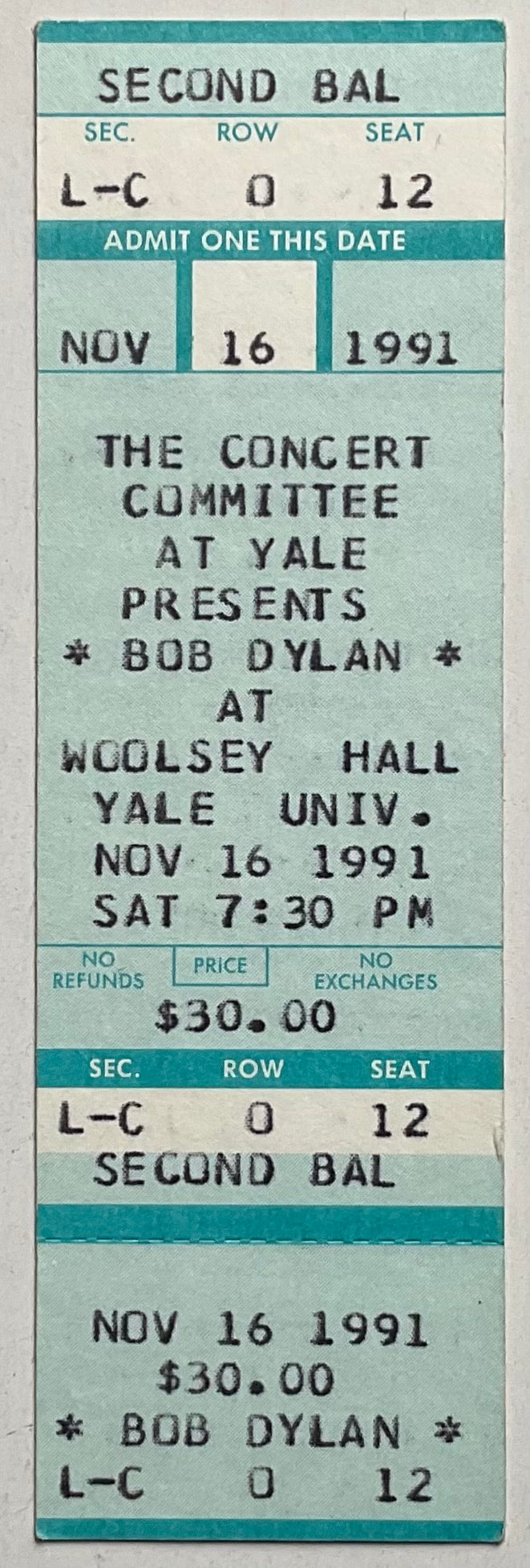 Bob Dylan Original Unused Concert Ticket Wolsey Hall Yale University 16th Nov 1991