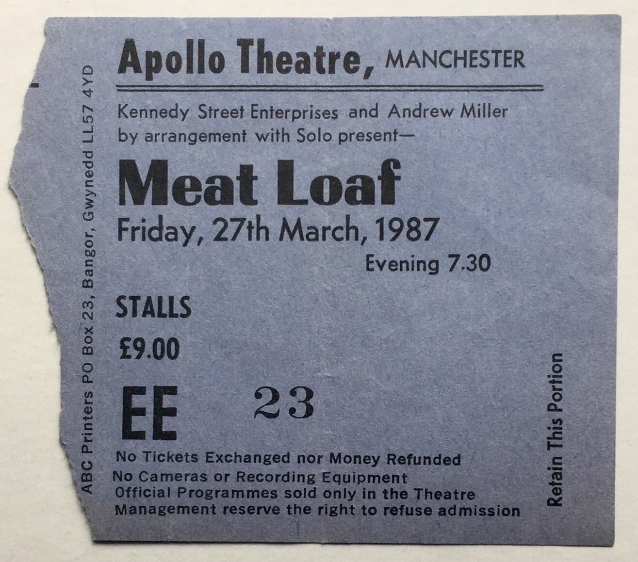 Meat Loaf Original Used Concert Ticket Apollo Theatre Manchester 27th Mar 1987