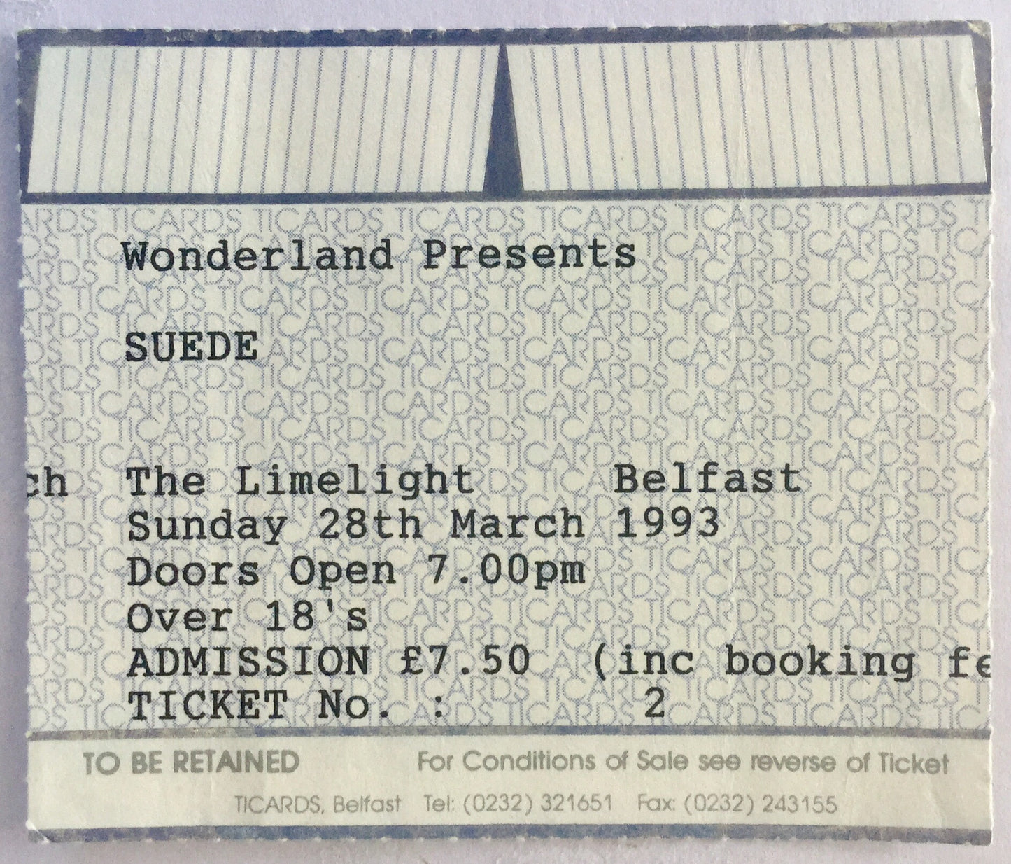 Suede Original Early Used Concert Ticket Limelight Belfast 28th March 1993