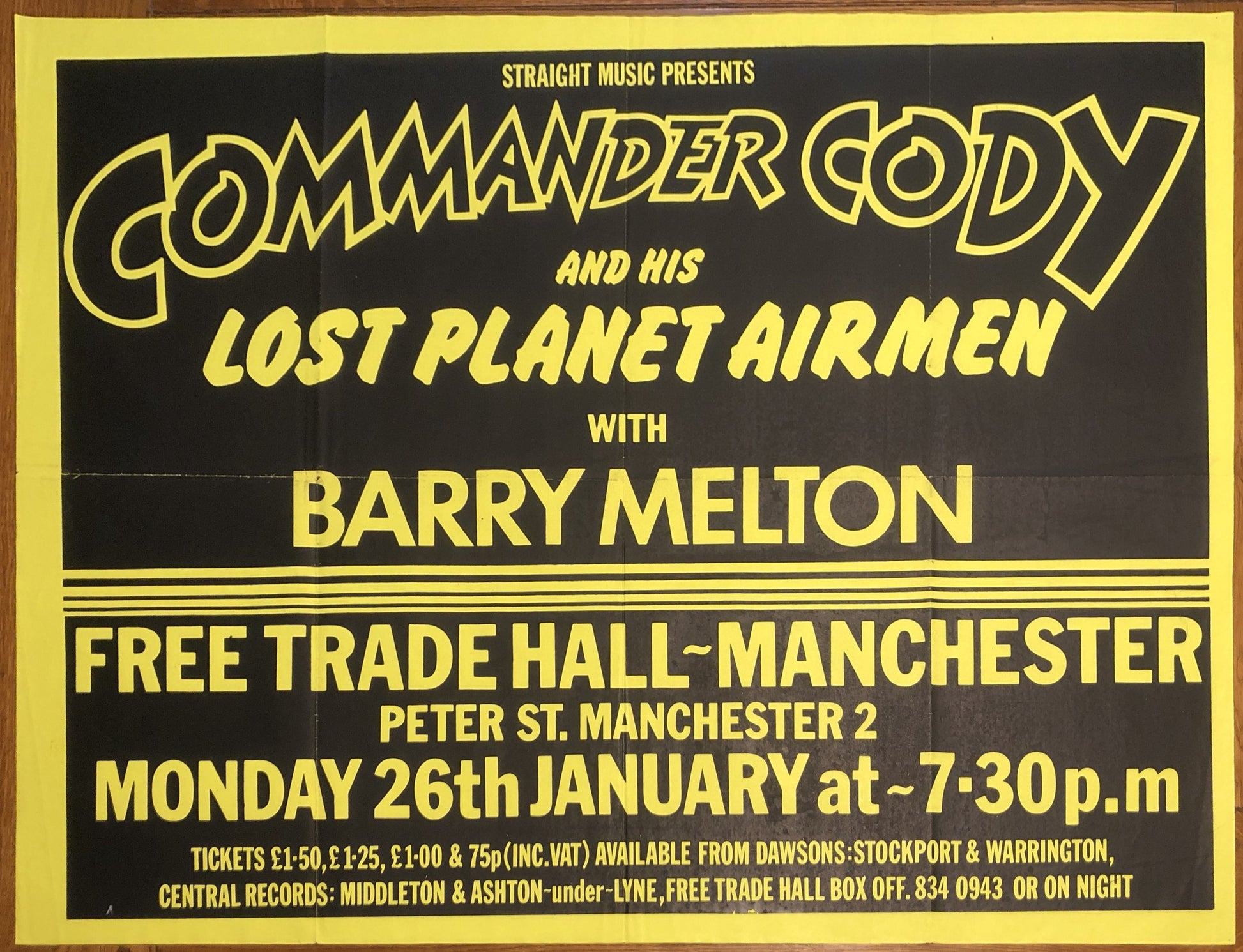 Commander Cody & his Lost Planet Airmen Original Concert Tour Gig Poster Free Trade Hall Manchester 26th Jan 1976