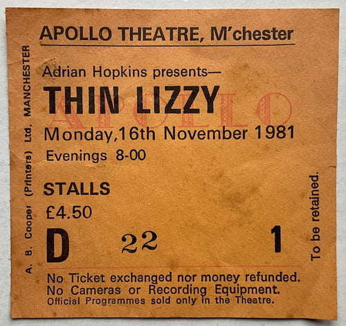 Thin Lizzy Original Original Used Concert Ticket Apollo Theatre Manchester 16th Nov 1981