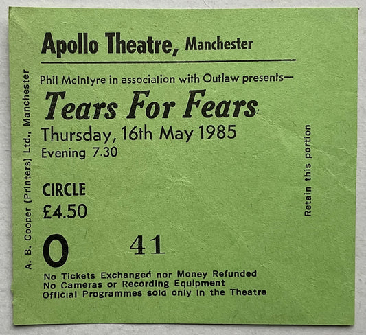 Tears For Fears Original Used Concert Ticket Apollo Theatre Manchester 16th May 1985