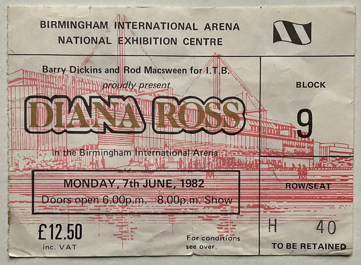 Diana Ross Original Used Concert Ticket NEC Birmingham 7th June 1982