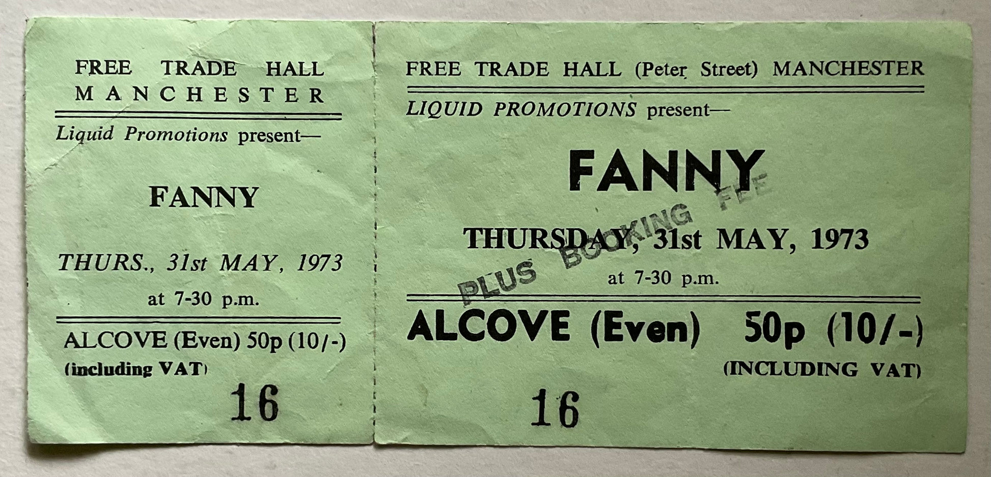 Fanny Original Unused Concert Ticket Free Trade Hall Manchester 31st May 1973