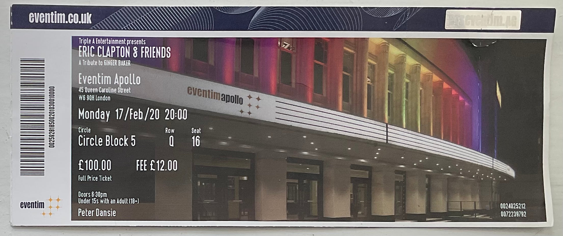 Cream Eric Clapton Original Used Concert Ticket Eventim Apollo London 17th Feb 2020