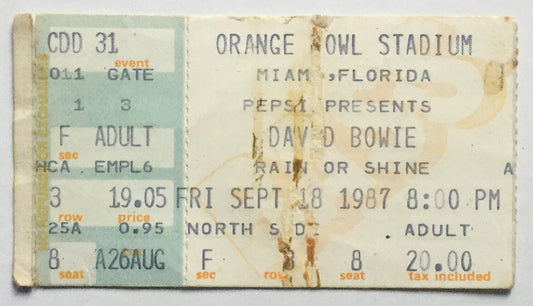 David Bowie Original Used Concert Ticket Orange Bowl Stadium Miami 18th Sept 1987