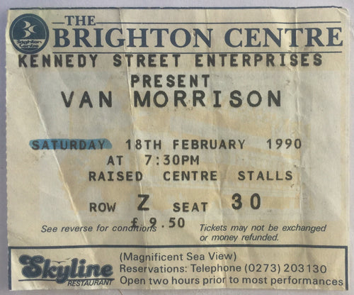 Van Morrison Original Used Concert Ticket The Brighton Centre 18th Feb 1990