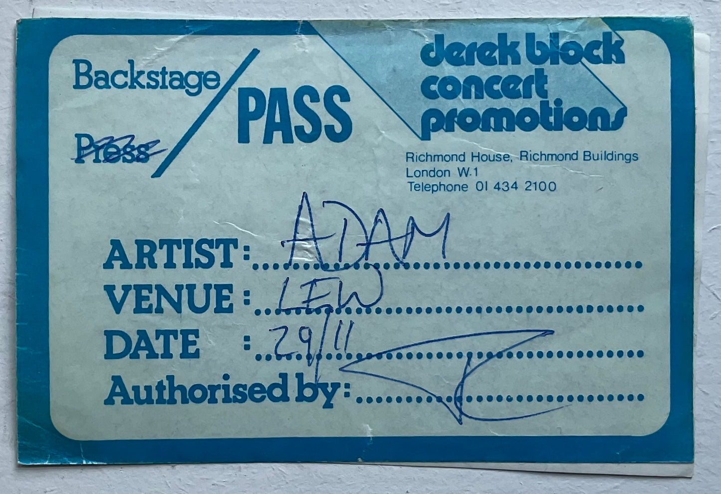 Adam & the Ants Original Unused Concert Backstage Pass Ticket Lewisham Odeon London 29th Nov 1980