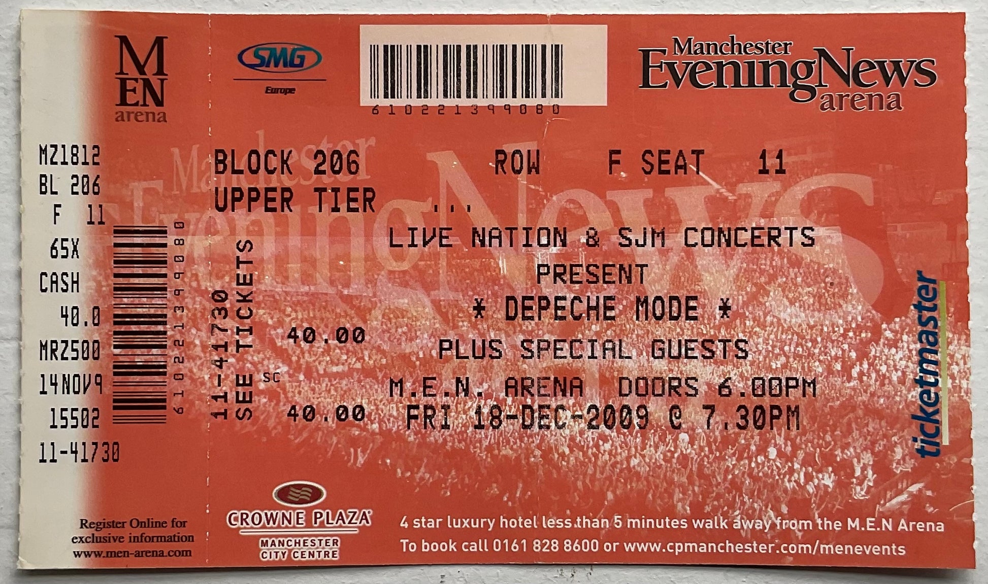 Depeche Mode Original Unused Concert Ticket MEN Arena Manchester 18th Dec 2009