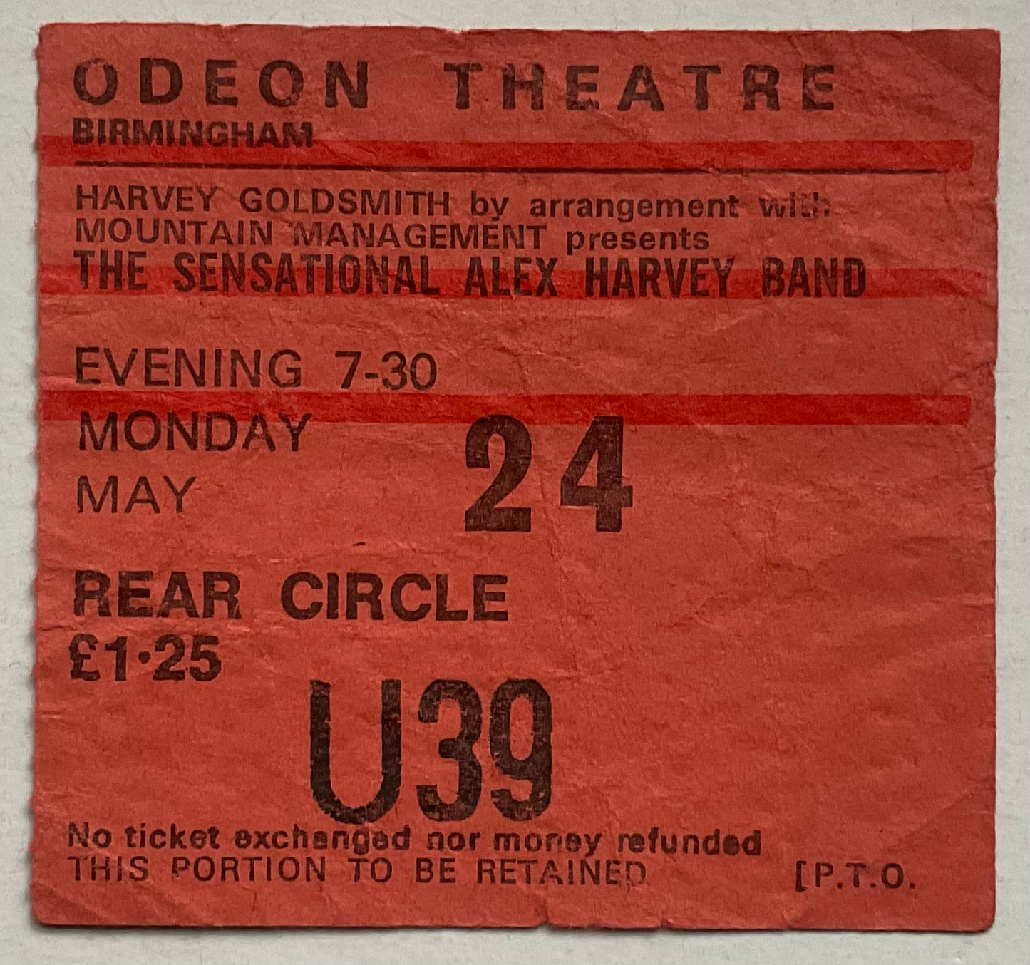 Alex Harvey Band Original Used Concert Ticket Odeon Theatre Birmingham 24th May 1976