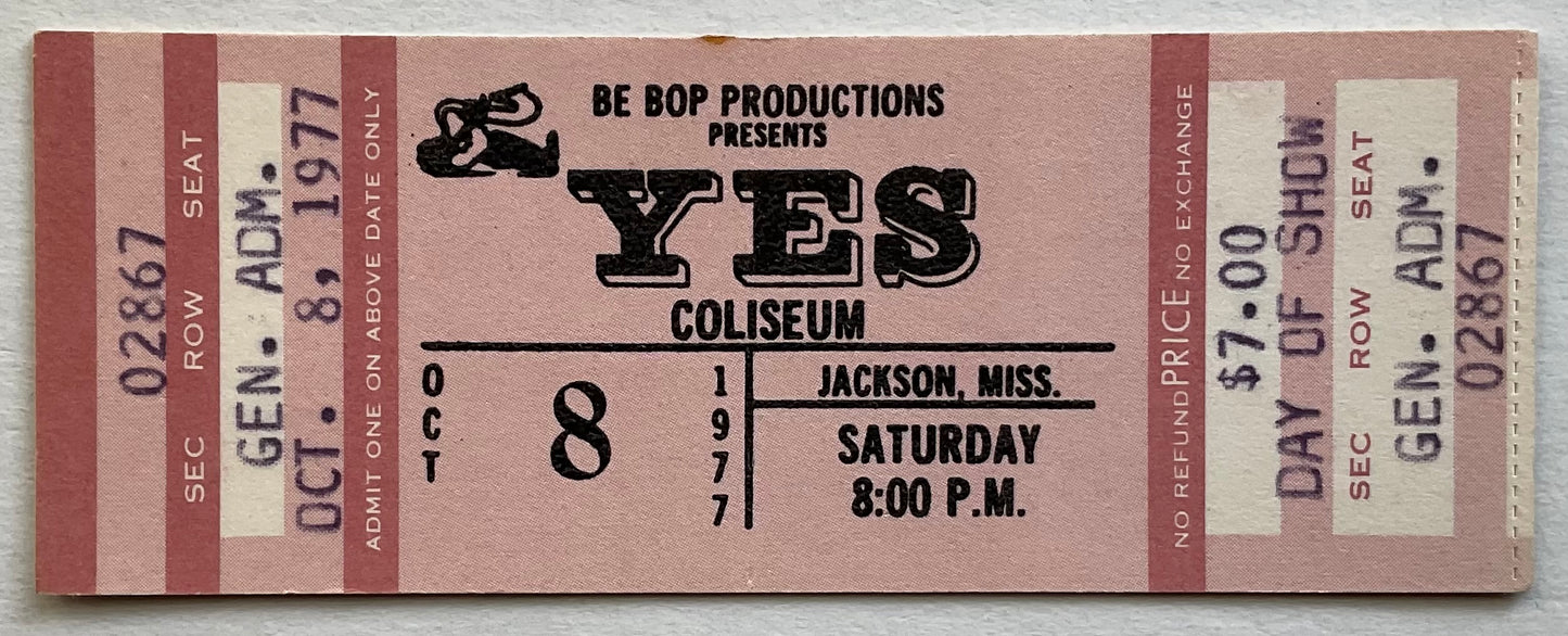 Yes Original Unused Complete Concert Ticket Mississippi Coliseum Jackson 8th Oct 1977