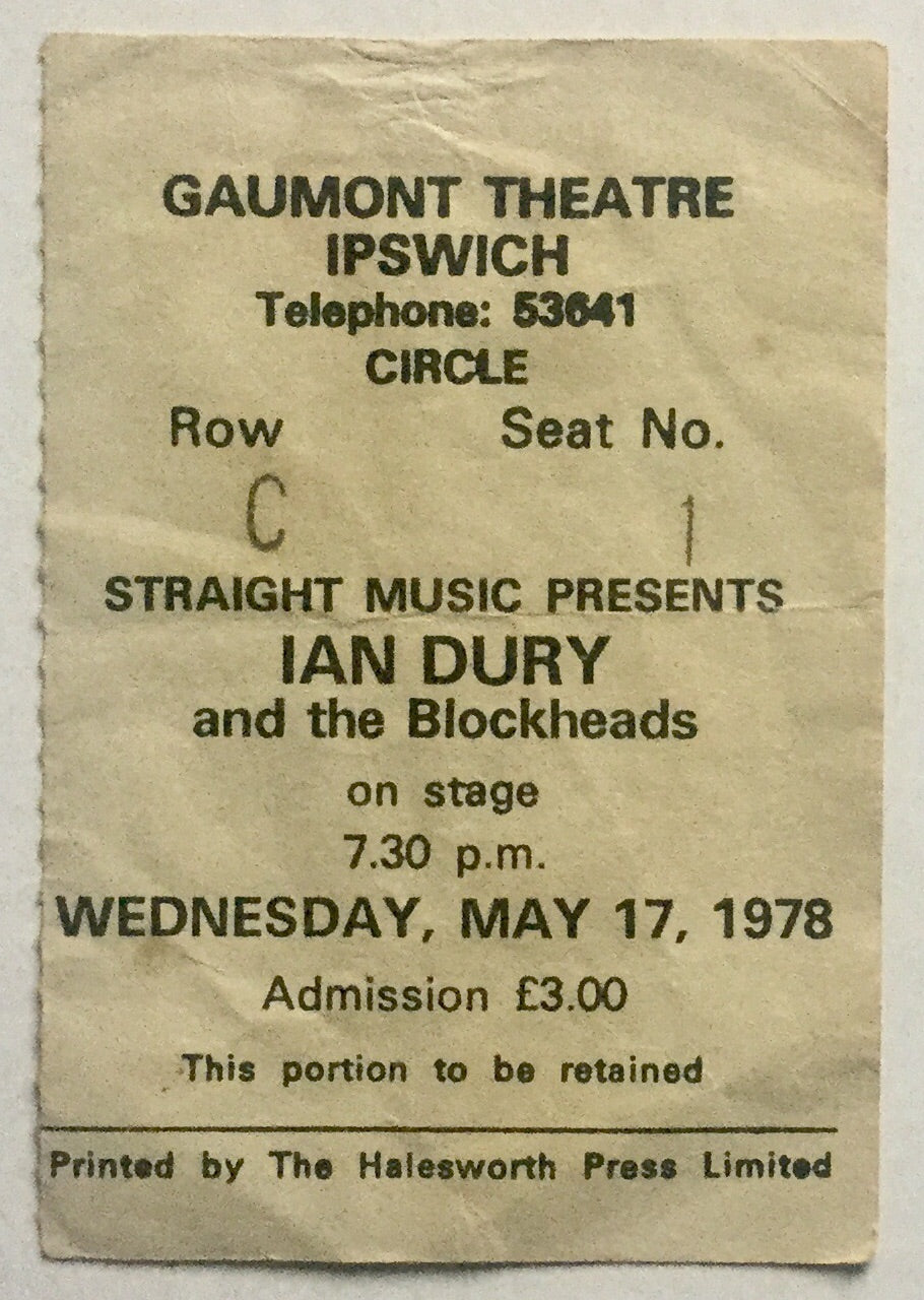 Ian Dury & the Blockheads Original Used Concert Ticket Gaumont Theatre Ipswich 17th May 1978