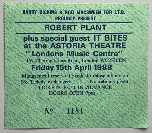 Led Zeppelin Robert Plant Original Used Concert Ticket Astoria Theatre London 15th Apr 1988
